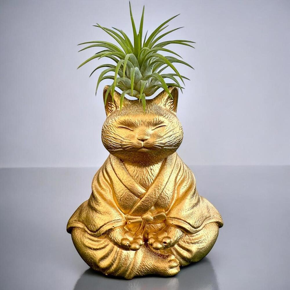 Lucky Cat Tillandsia Planter Pot, Golden Zen Decor Air Plant